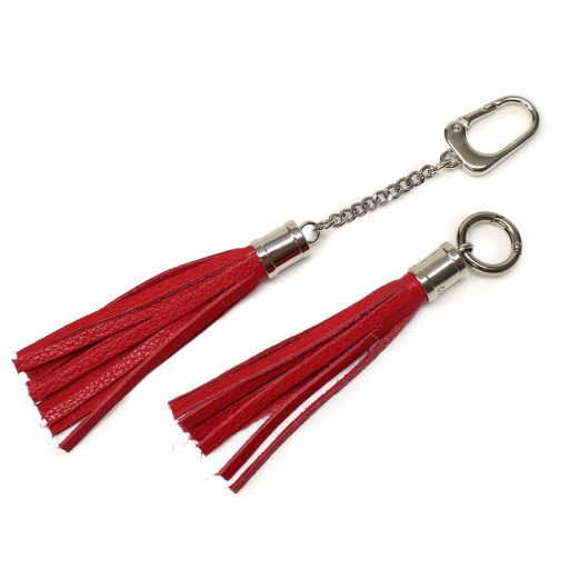Red Leather tassel bag charm with snap hook