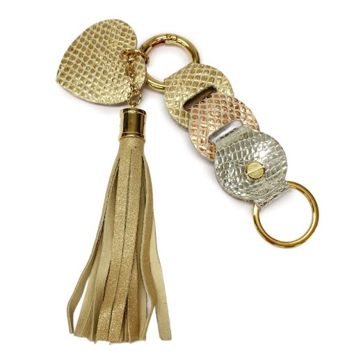 Leather Bag Charm Heart & Tassel Design with Gold, Silver and Rosegold Leather