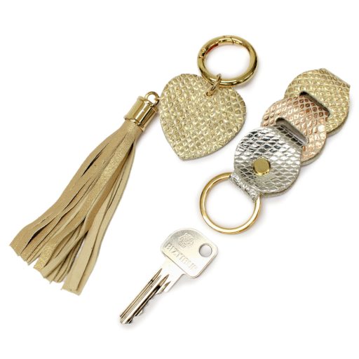 Leather Bag Charm Heart & Tassel Design with Gold, Silver and Rosegold Leather