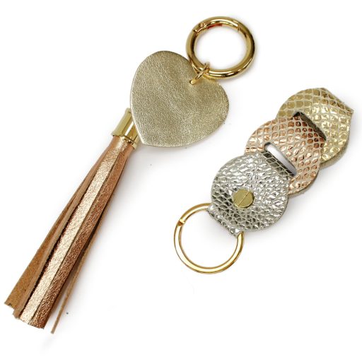 Leather Bag Charm Heart & Tassel Design with Gold, Silver and Rosegold Leather