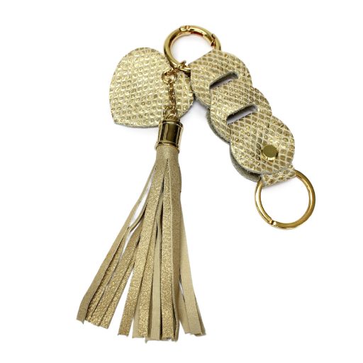 Gold Leather Bag Charm Heart & Tassel Design