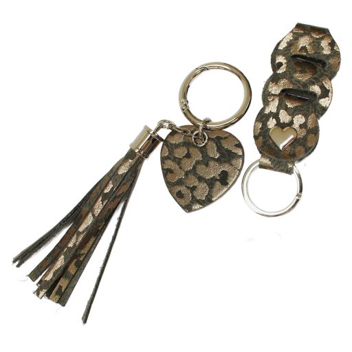Leather Bag Charm Heart & Tassel Design, Brown Bronze Leopard Pattern leather