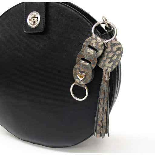 Leather Bag Charm Heart & Tassel Design, Brown Bronze Leopard Pattern leather