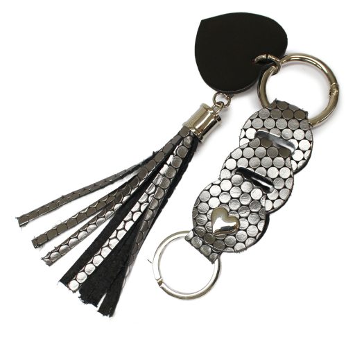 Leather Bag Charm Heart & Tassel Design, Silver Polkadot Pattern leather
