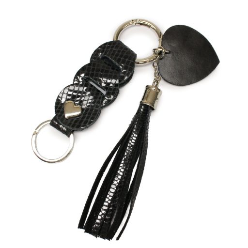 Leather Bag Charm Heart & Tassel Design, Black