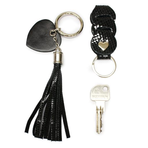 Leather Bag Charm Heart & Tassel Design, Black