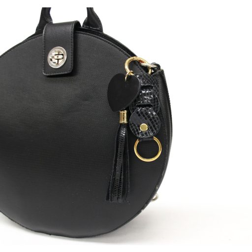 Black Leather Bag Charm Heart & Tassel Design with Gold tone hardwares 