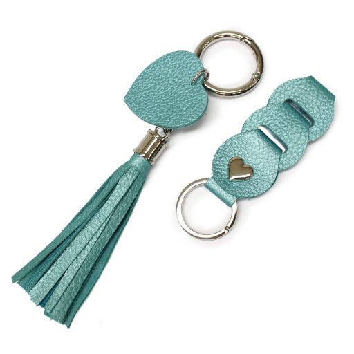 Leather Bag Charm Heart & Tassel Design, Turquoise