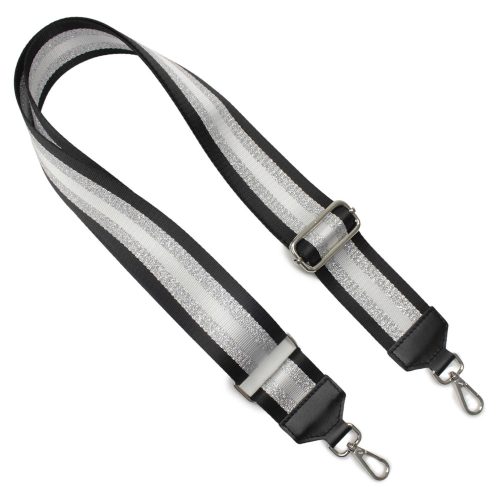 Black - silver striped bag strap with leather adjustments.