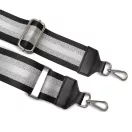 Black - silver striped bag strap with leather adjustments.