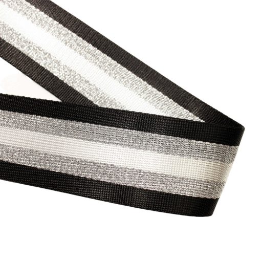 Black - silver striped bag strap with leather adjustments.