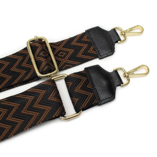 Black - silver striped bag strap with leather adjustments.