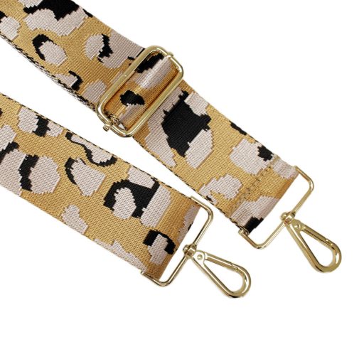 Leopard patterned Wide Handbag Strap, Beige, Gold, 50 mm