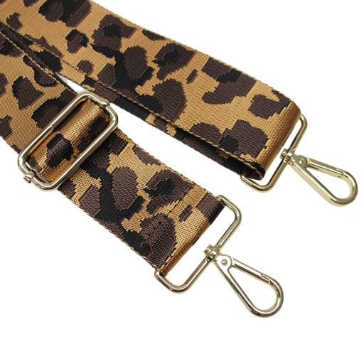 Leopard patterned Wide Handbag Strap, Brown, Gold, 50 mm