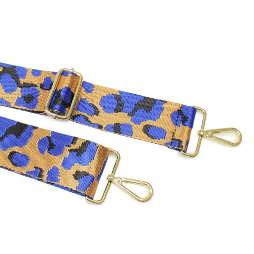 Leopard patterned Wide Handbag Strap, Blue, Gold, 50 mm