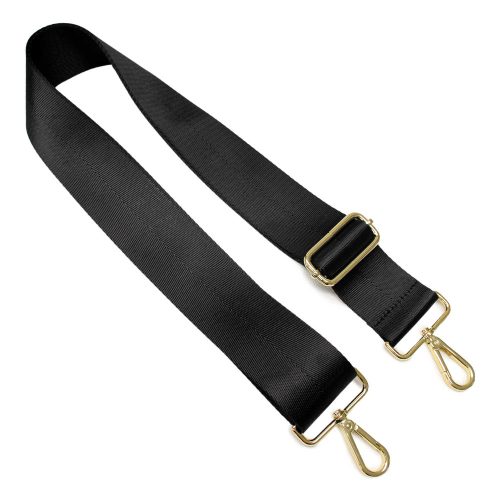 Black wide bag strap with gold colour metal accessories.