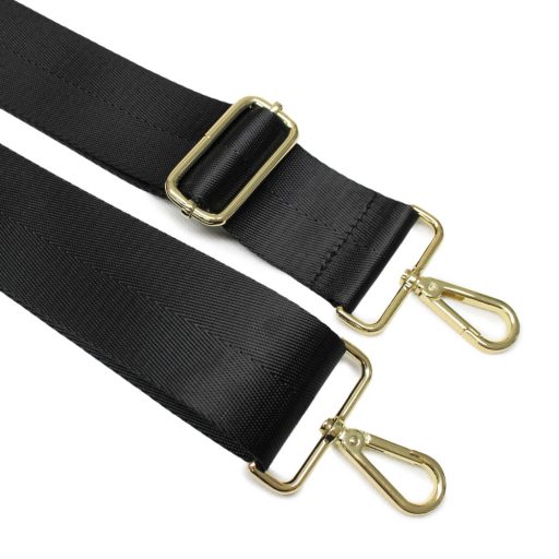 Black wide bag strap with gold colour metal accessories.