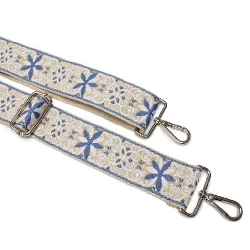 Flower patterneded Wide Handbag Strap, Blue, Nickel, 50 mm