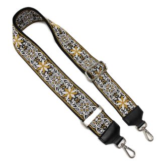  Flower Patterned Bag Strap with Leather, Mustard Yellow, 5 cm wide
