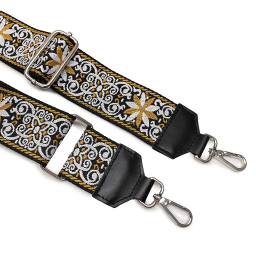 Flower Patterned Bag Strap with Leather, Mustard Yellow, 5 cm wide