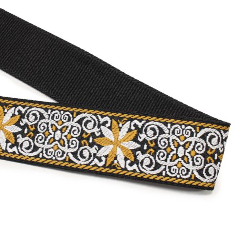 Flower Patterned Bag Strap with Leather, Mustard Yellow, 5 cm wide