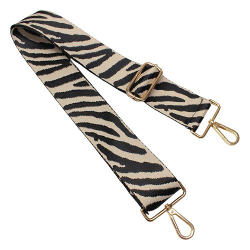 Zebra patterned Wide Handbag Strap, Black-Beige, gold 50 mm