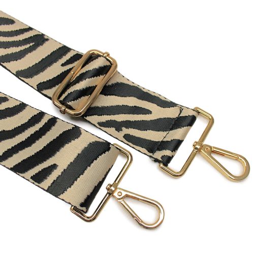 Zebra patterned Wide Handbag Strap, Black-Beige, gold 50 mm