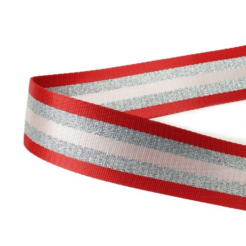 Striped Woven Webbing, Red-Silver, 50 mm