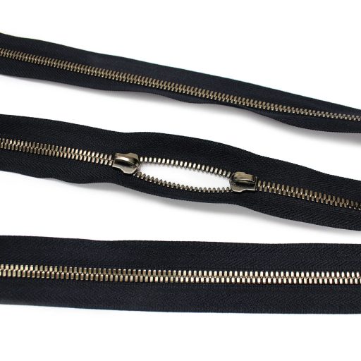 Polished YKK Zipper, Brass coloured, Black, T5