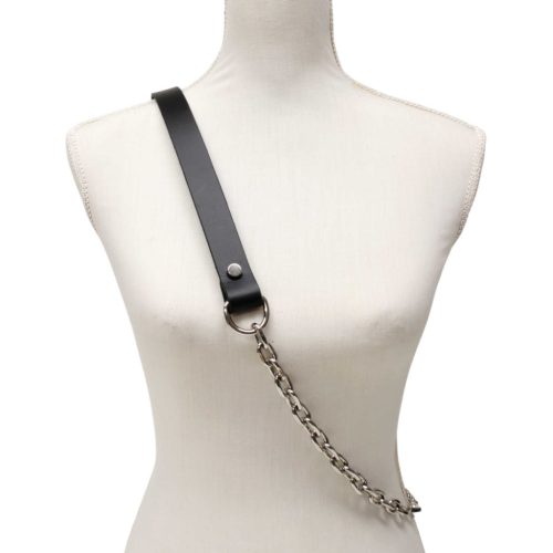 Leopard patterned blue wide bag strap with chain, nickel
