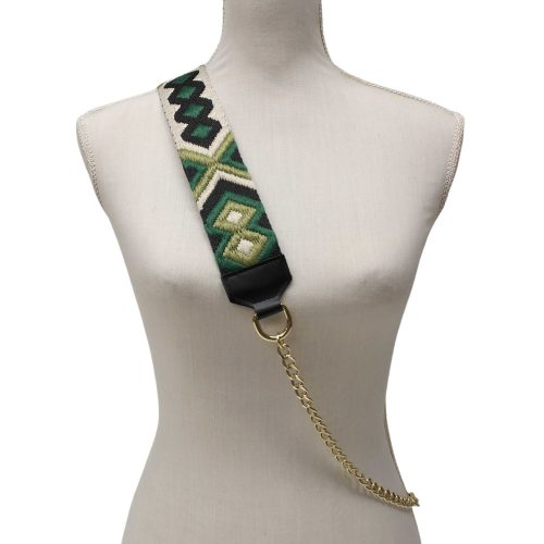 Green wide bag strap with chain, nickel
