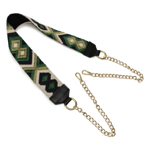 Green wide bag strap with chain, nickel