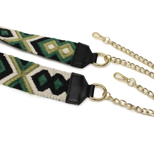 Green wide bag strap with chain, nickel