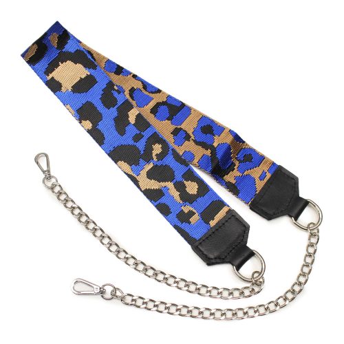 Leopard patterned blue wide bag strap with chain, nickel
