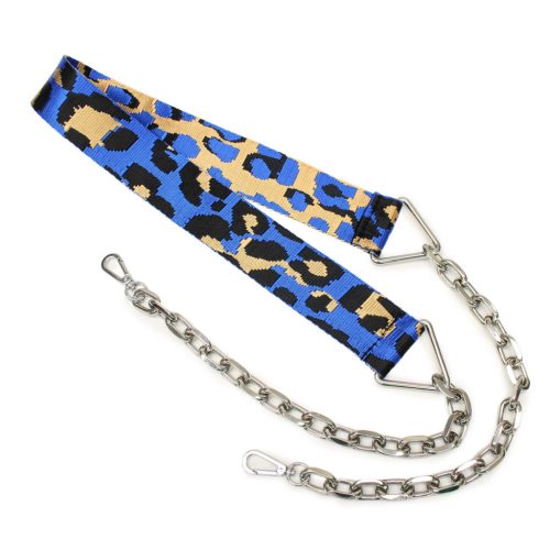 Leopard patterned blue wide bag strap with chain, nickel