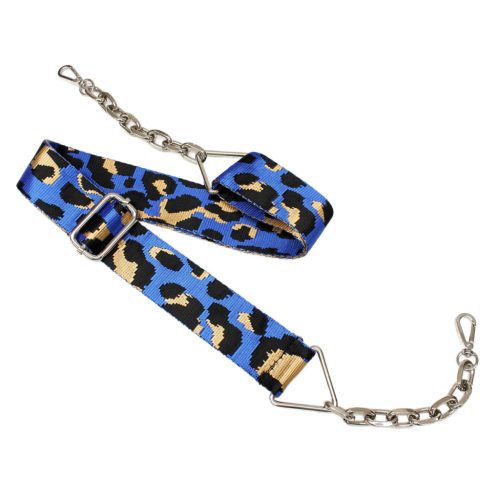 Leopard patterned blue wide bag strap with chain, nickel