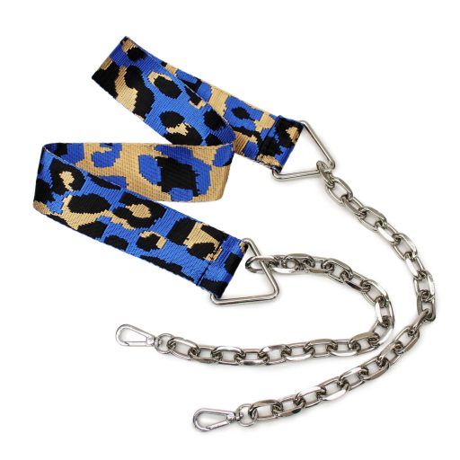 Leopard patterned blue wide bag strap with chain, nickel