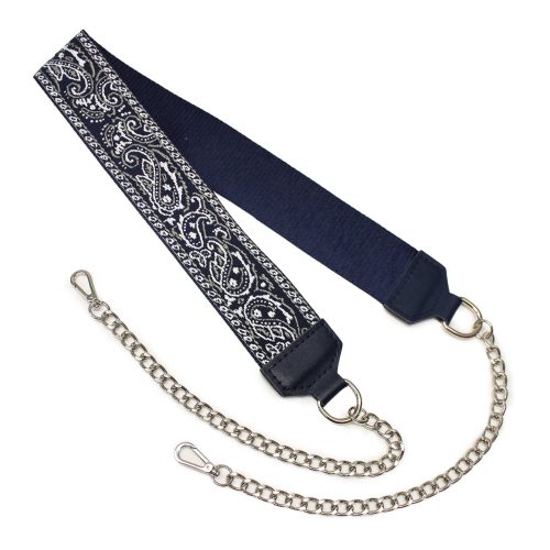 Kashmir patterned blue wide bag strap with chain, nickel