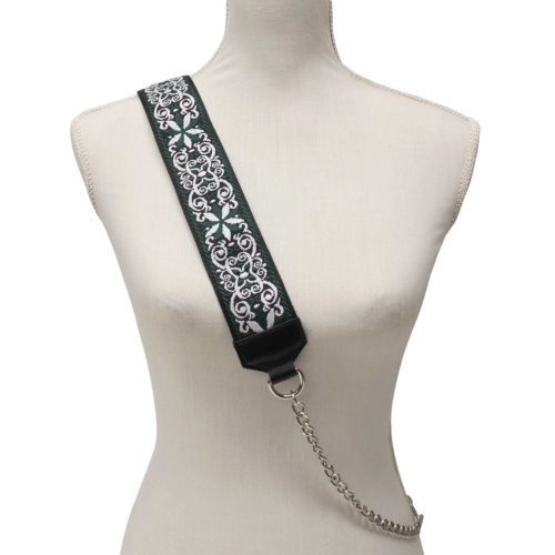 Flower patterned green wide bag strap with chain, nickel