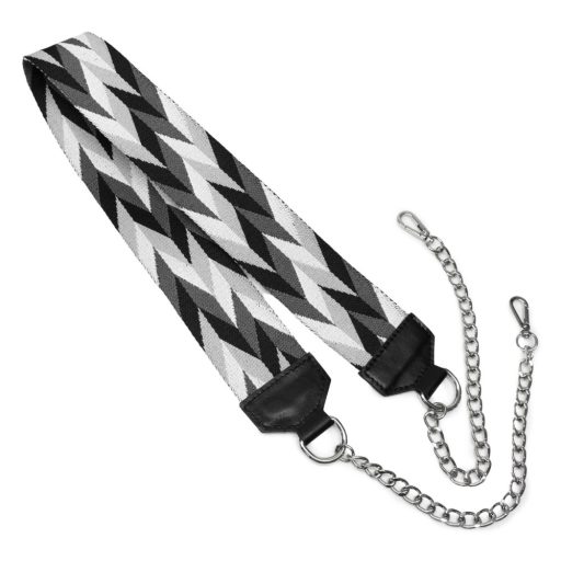 Black and white wide bag strap with chain, nickel