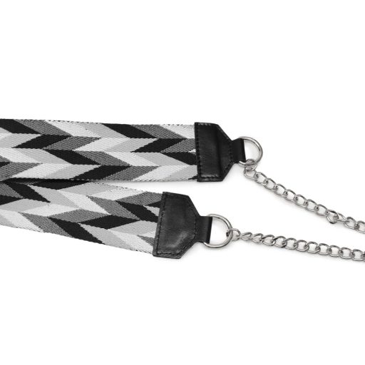 Black and white wide bag strap with chain, nickel