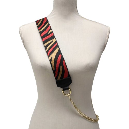 Red zebra pattern wide bag strap with chain, nickel
