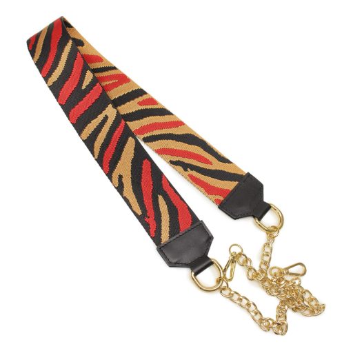 Red zebra pattern wide bag strap with chain, nickel