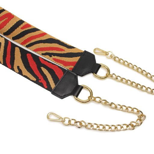 Red zebra pattern wide bag strap with chain, nickel