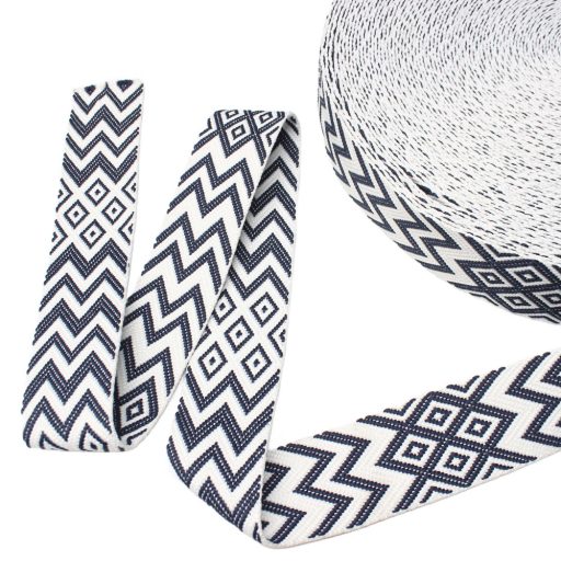 Grey White, geometric patterned Woven Webbing, 50 mm