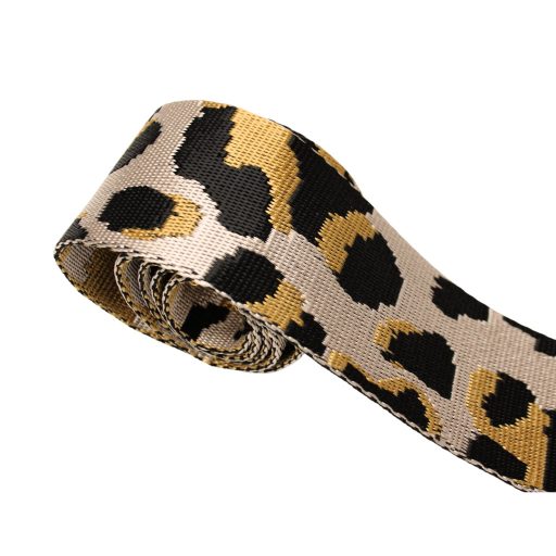 Leopard patterned patterned Woven Webbing, Black-Beige-Gold, 50 mm