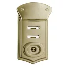 Silver-colored, adjustable briefcase lock.